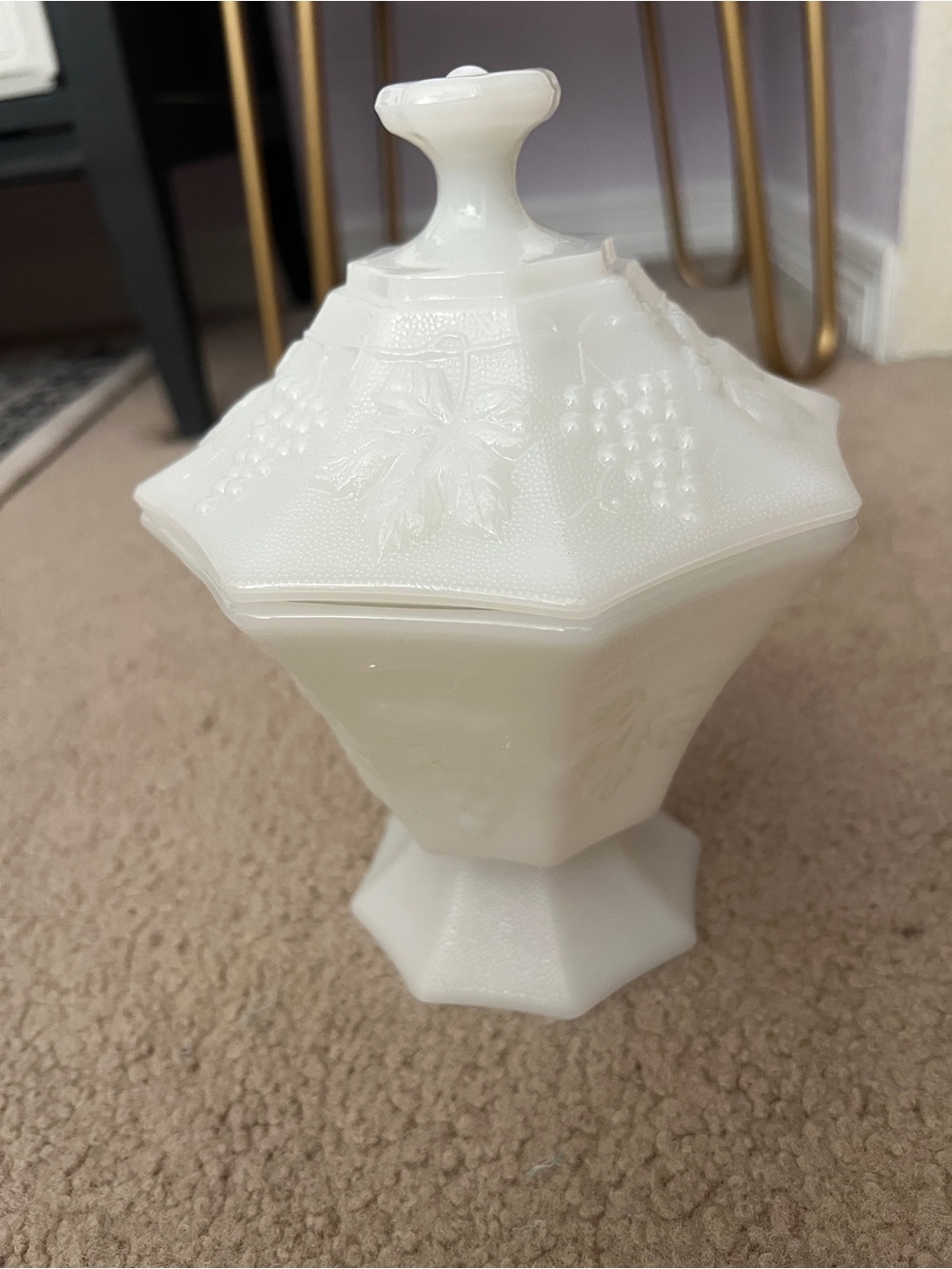 Vintage Anchor Hocking White Milk Glass Covered Candy Dish with Grape Motif